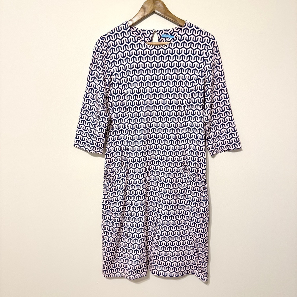 J. Mclaughlin Catalina Cloth Geometric Print Dress Size Large Women’s Blue White